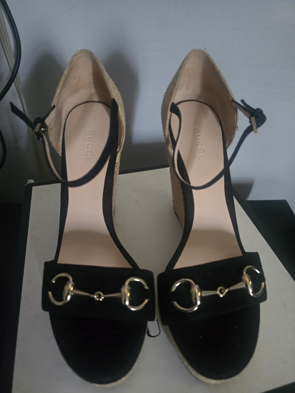 Gucci Black Suede Wedge Sandals with Gold Bit - Picture 1 of 6